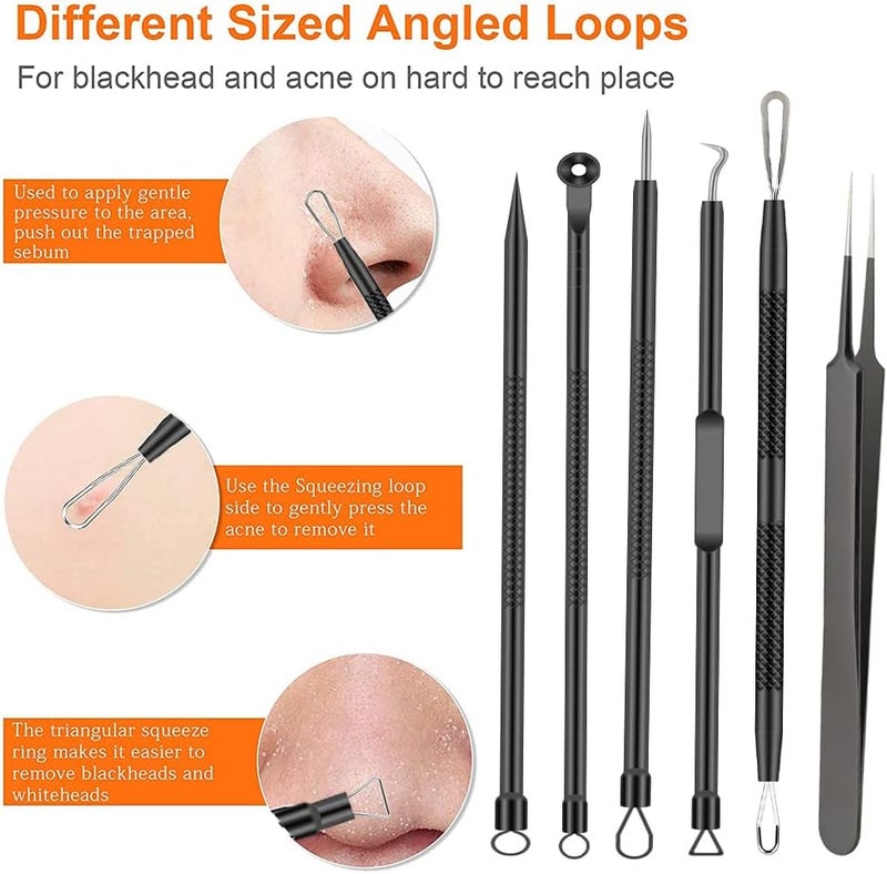 BLAAROOM Pimple Popper Tool Kit, 6 Pcs Blackhead Remover Acne Needle Tools Set Removing Treatment Comedone Whitehead Popping Zit for Nose Face Skin Blemish Extractor Tool - Black - Image 5